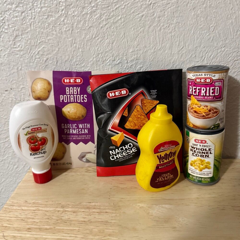 HEB pretend plastic foods mustard ketchup Doritos potatoes
